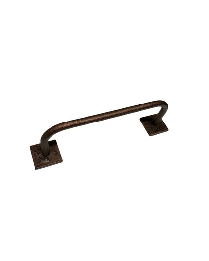 Industrial Farm Co Split Rock Towel Rack in dark bronze finish with curved bar and square mounting plates on white background