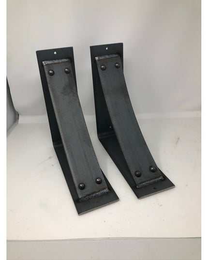 Black curved metal shelf brackets with welded construction and mounting holes, The Utica Support by Industrial Farm Co