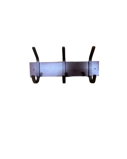 The Cooperstown Double Hook Coat Rack by Industrial Farm Co - brushed metal wall mount with 3 black curved hooks