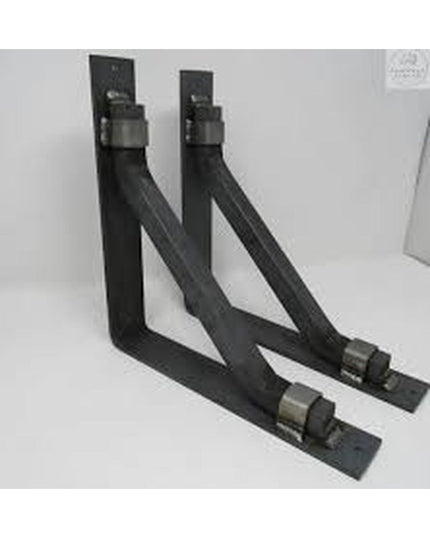 Black metal triangular shelf brackets from Industrial Farm Co called The Butch Shelf Supports with wall mounting plates