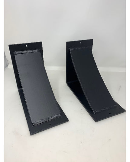 Black steel curved industrial shelf brackets by Industrial Farm Co, handmade heavy duty 5-inch corbels with mounting holes