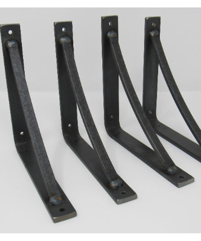Four black steel Oak Hill 1-inch industrial shelf brackets with curved support bars and mounting holes by Industrial Farm Co