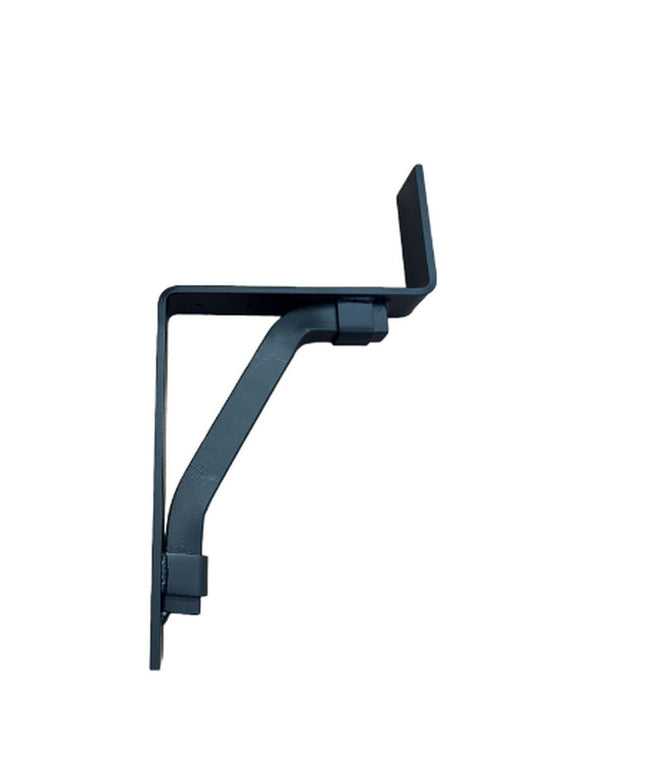 Black metal Ollie Industrial Support Bracket by Industrial Farm Co with curved diagonal brace and mounting plates on white...