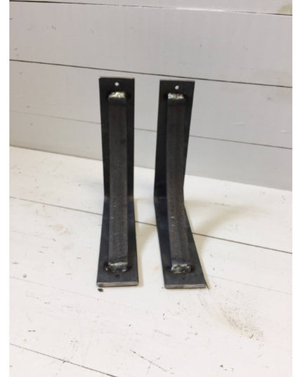 Black steel Industrial Farm Co Pops 2 inch shelf brackets with curved support bars, heavy duty handmade design on white wo...