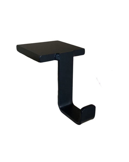 Black metal stocking holder with square top platform and curved hook design by Industrial Farm Co - The Annie Stocking Holder