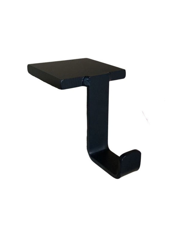 Black metal stocking holder with square top platform and curved hook design by Industrial Farm Co - The Annie Stocking Holder