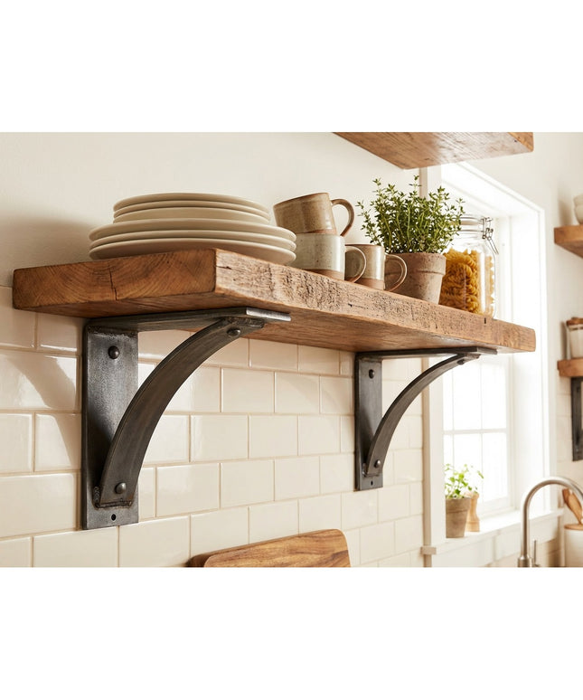 Industrial Farm Co Moravia 4" black metal shelf brackets with rivets supporting reclaimed wood shelves displaying ceramic ...