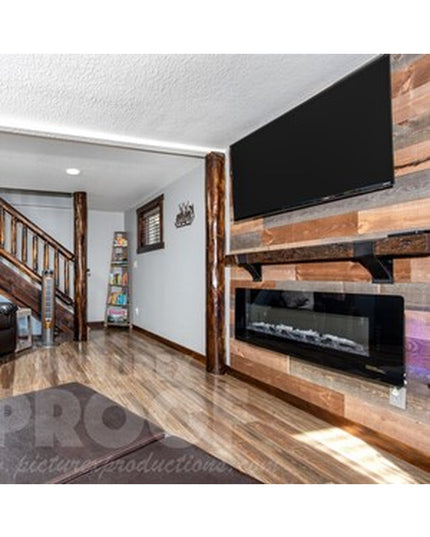 Norfolk Farmhouse Bracket by Industrial Farm Co supporting rustic wood fireplace mantel with black metal fireplace insert ...