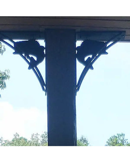 Heavy-duty black metal shelf bracket with large mouth bass fish silhouette design mounted under wooden beam outdoors