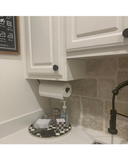 Industrial Farm Co Hyde Hall white wooden under cabinet paper towel holder mounted in kitchen with gray stone backsplash