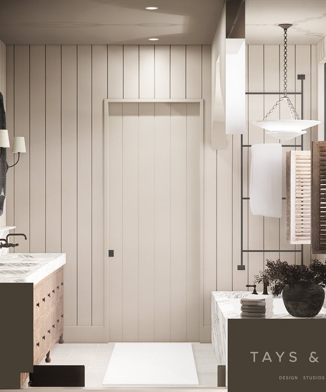 Black metal wall mounted ladder towel rack in modern farmhouse bathroom with white shiplap walls and marble countertops - ...