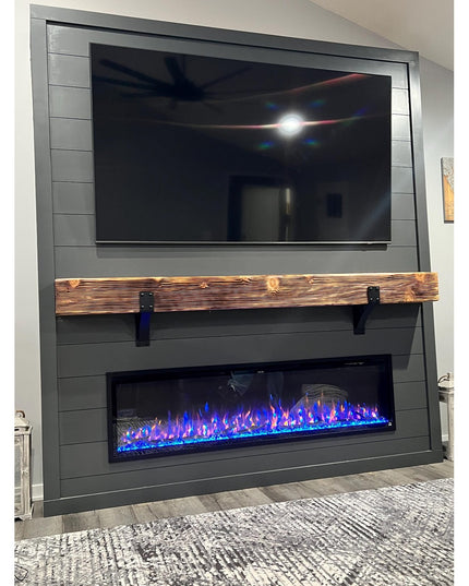 Heavy duty black steel Spafford 3" mantel brackets with rivets supporting rustic wood mantel above modern electric fireplace