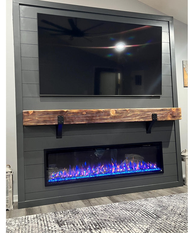 Heavy duty black steel Spafford 3" mantel brackets with rivets supporting rustic wood mantel above modern electric fireplace