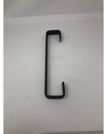Black metal Long Beach door handle by Industrial Farm Co with rectangular tubing and right-angle bends on white background