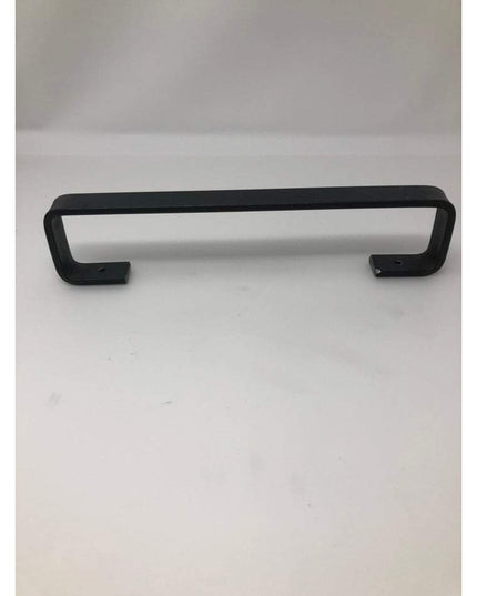 Black metal Long Beach door handle by Industrial Farm Co with modern rectangular frame design and curved ends on white bac...