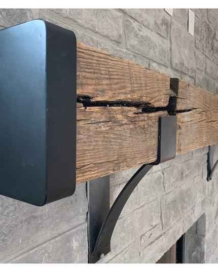 Vandiver Evergreen Tree Mantel End Caps by Industrial Farm Co - black metal decorative brackets supporting reclaimed wood ...