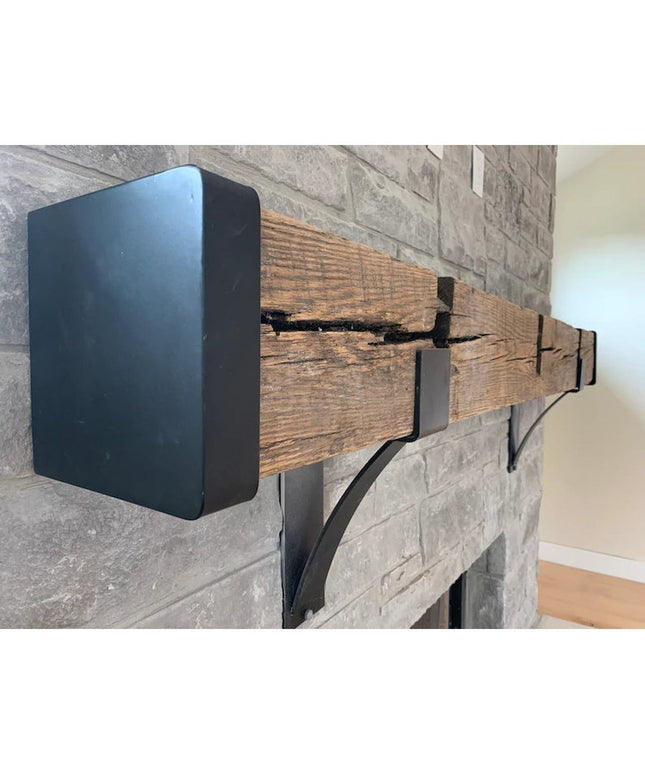 Vandiver Evergreen Tree Mantel End Caps by Industrial Farm Co - black metal decorative brackets supporting reclaimed wood ...