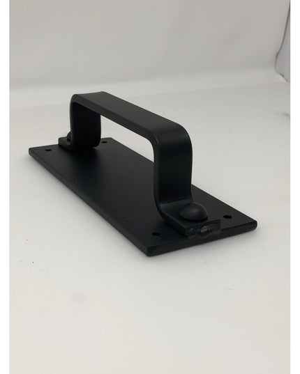 Black metal Corning Handle door pull with rectangular base plate and curved handle design by Industrial Farm Co