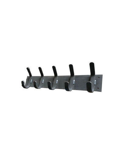 Riseform black metal wall mounted coat rack with 5 hooks on rectangular backing plate by Industrial Farm Co