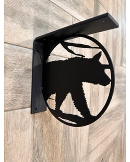 Black metal L-bracket shelf support with decorative bear silhouette cutout design, 2 inch wide, handcrafted by Industrial ...